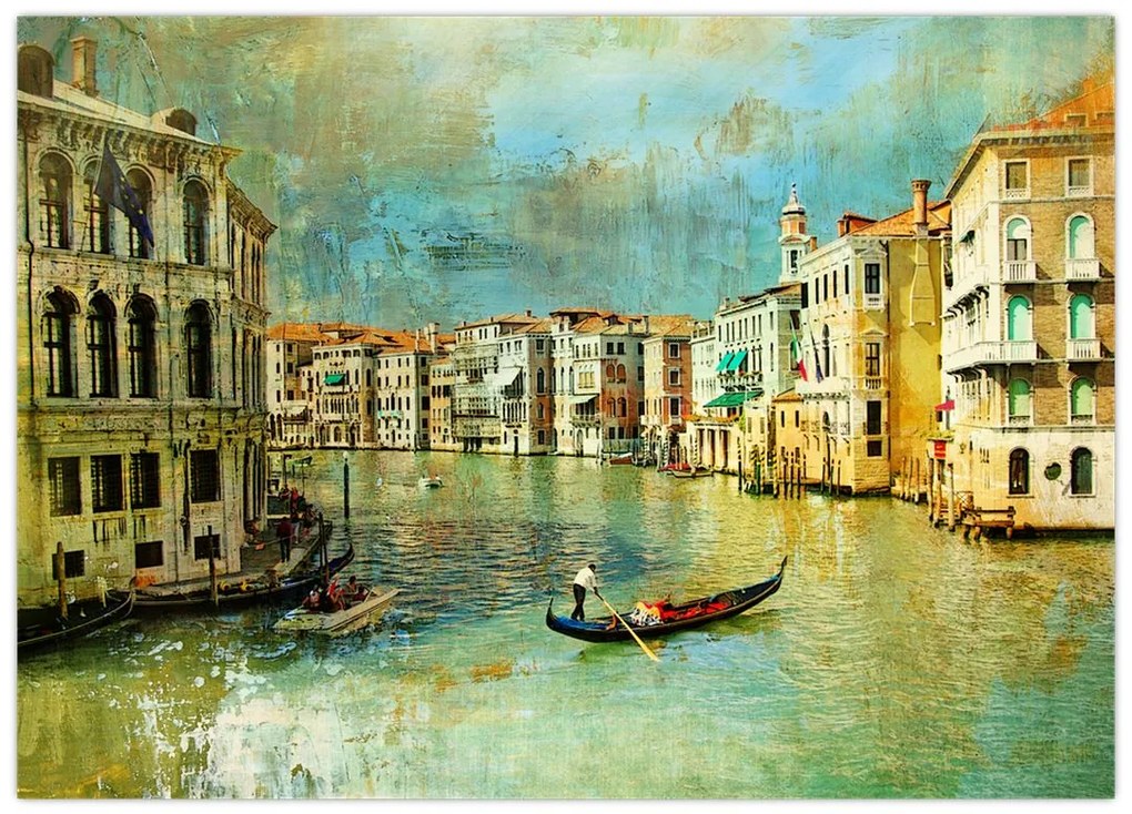 Tablou pe sticlă - Canalul de la Veneția și gondole (70x50 cm)