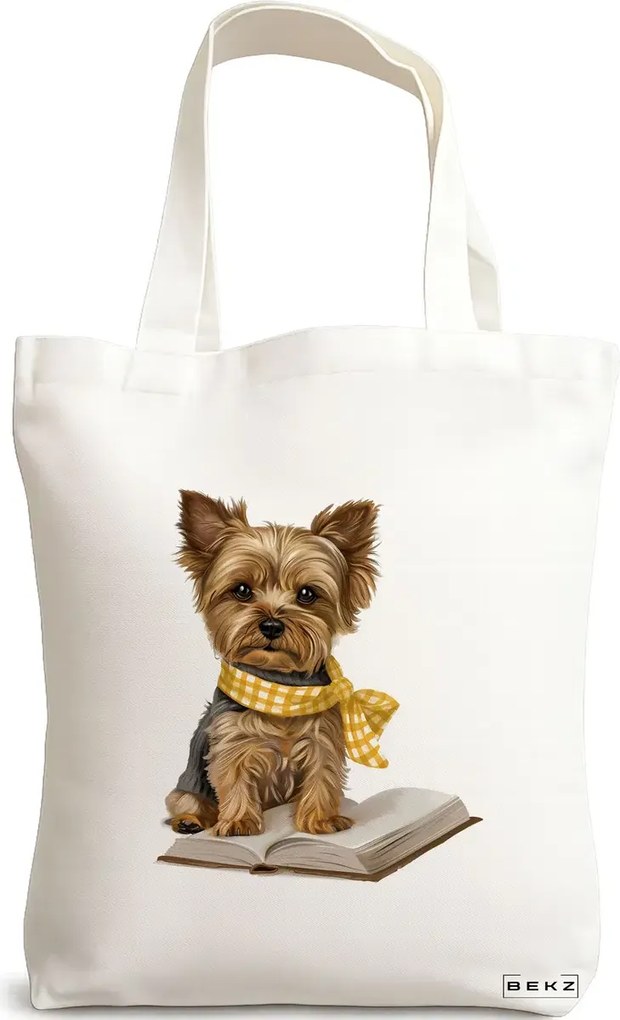 Sacosa de Panza pentru Cumparaturi, Geanta Tote, model Reading puppy 18 38 x 34.5 cm, Alba, BEKZ®