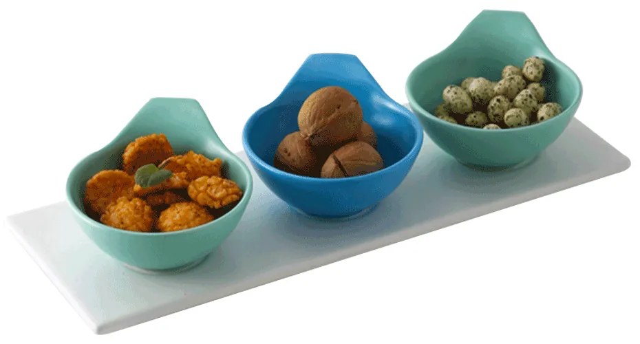 Set de 3 boluri pe tavă, alb / albastru / turcoaz / cyan, KESPER