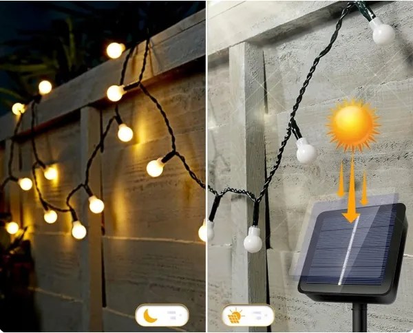 Ghirlandă solară decorativă, 50 LED, 8 funcții, 500 mAh, 9,5 m, IP67, alb cald