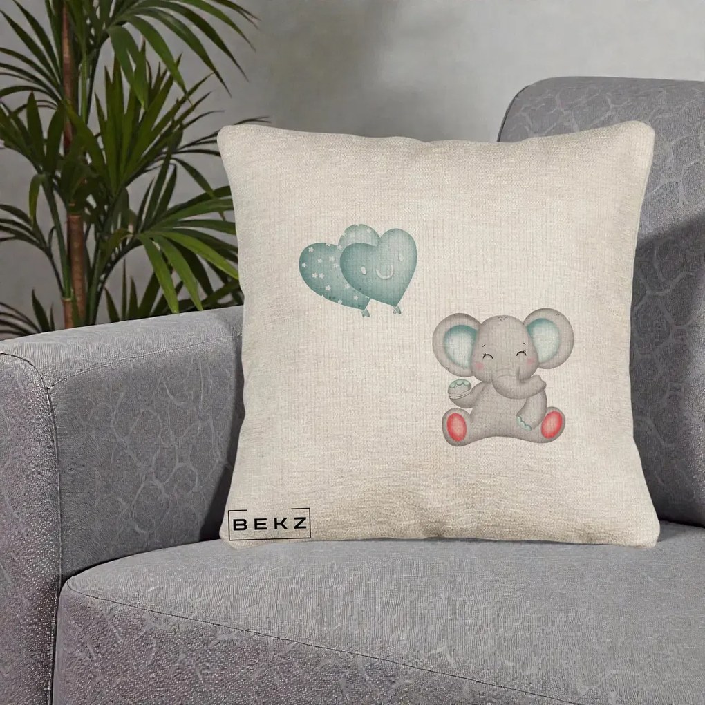 Perna Decorativa Canapea, Model Elefant si baloane in forma de inimioare, 40x40 cm, Bej Canapea, Husa Detasabila, Perna Inclusa, BEKZ®