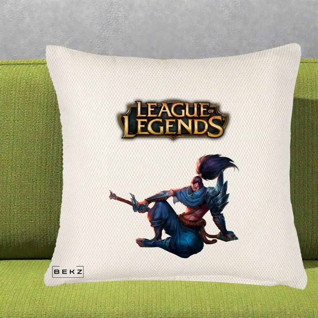 Perna Personalizata League of Legends Yasuo, 40x40 cm, Crem Reliefat, Husa Detasabila, Perna Inclusa, BEKZ®