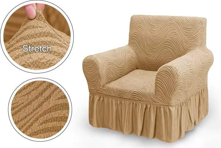 Husa elastica pentru fotoliu, cu volanas si model Jacquard Bej in dungi