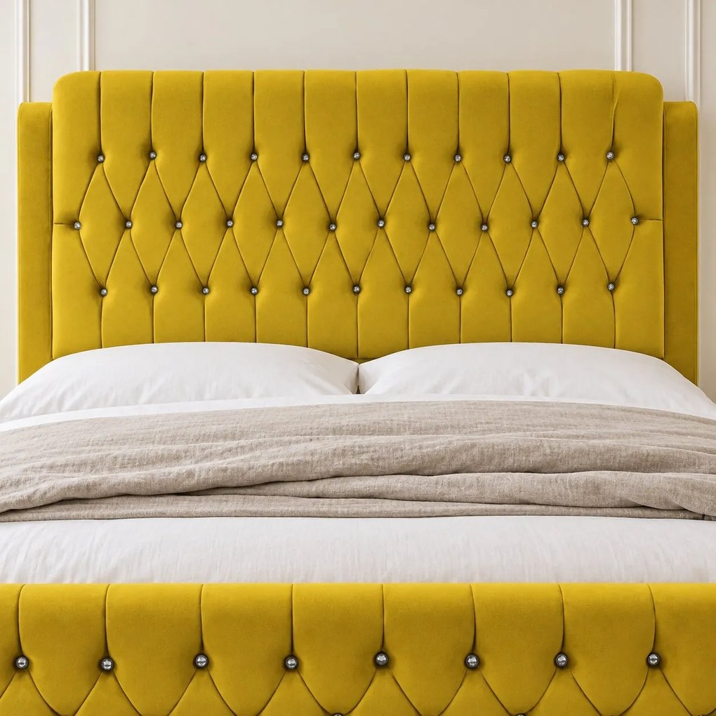 Pat tapițat Chesterfield din catifea Aveline Deluxe 140×200 cm, galben muștar, cu ladă de depozitare