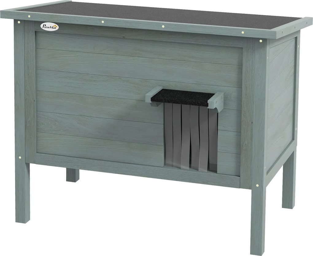 PawHut Casa pentru pisici adăpost de exterior din lemn ridicată cu acoperiș deschis izolată 85 x 50 x 68,5 cm gri închis și negru | Aosom Romania
