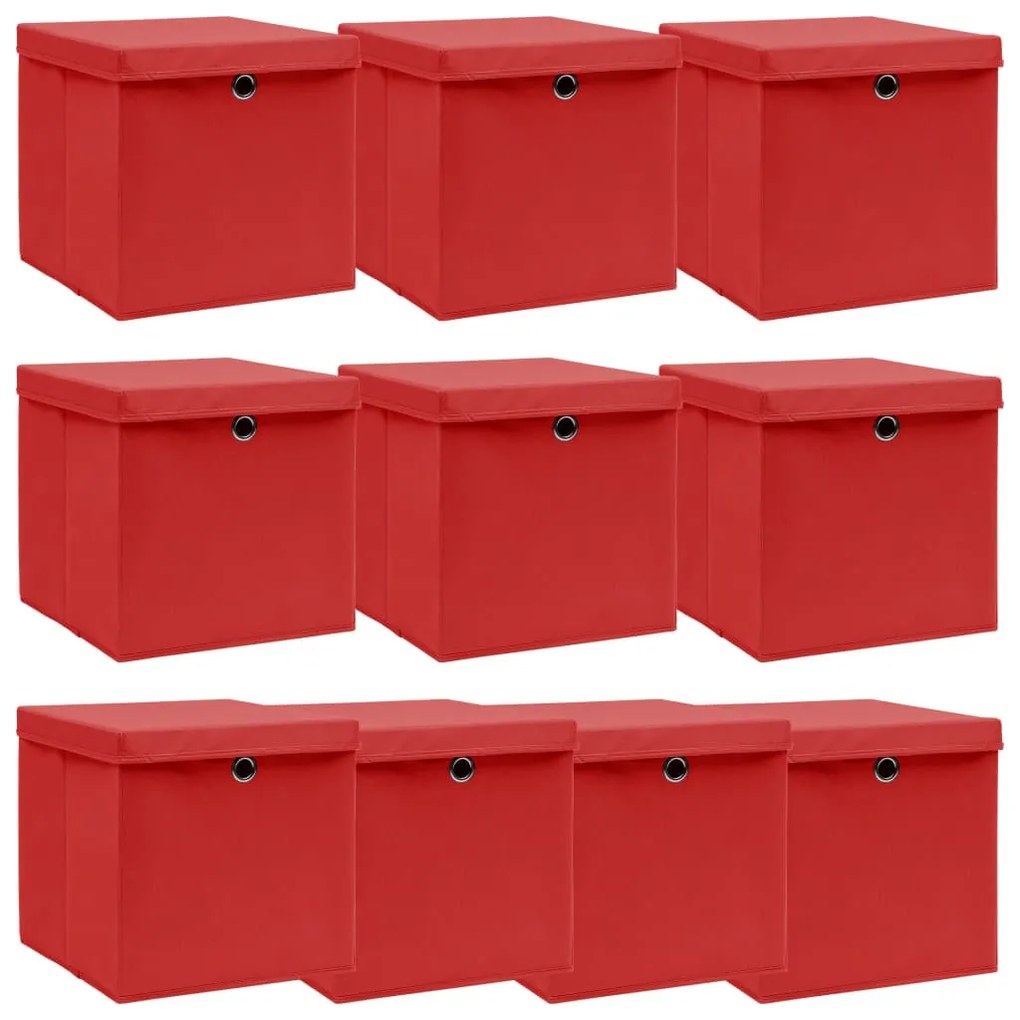 vidaXL Cutii depozitare cu capace, 10 buc., roșu, 32x32x32 cm, textil