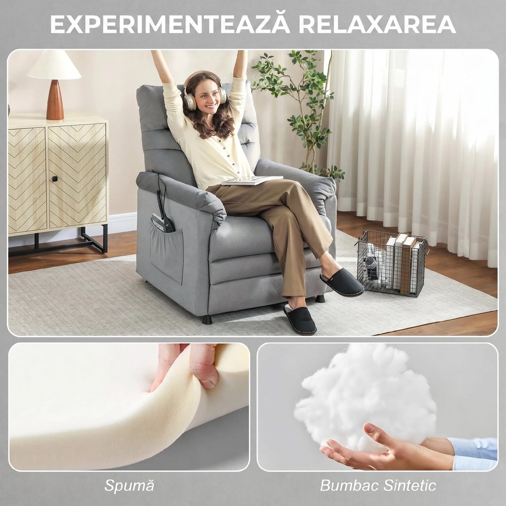 HOMCOM Fotoliu Relaxant Electric de Masaj și Încălzire cu Suport pentru Picioare, Silențios, Reclinabil 150° în Catifea Prietenoasă cu Animalele cu Funcție de Memorare, 2 Telecomenzi pentru Sufragerie, Gri | Aosom Romania
