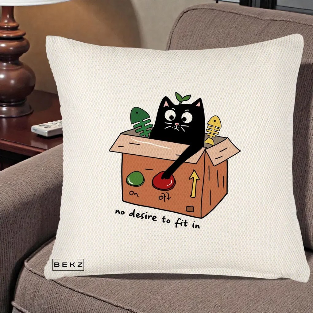 Perna Decorativa Pisica in Cutie No Desire to Fit In, 40x40 cm, Crem Reliefat, Husa Detasabila, Perna Inclusa, BEKZ®