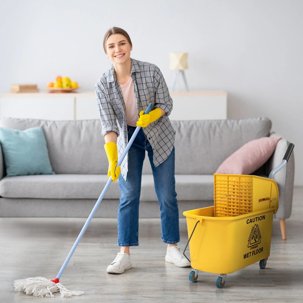 HOMCOM Găleată de spălat pardoseli 20L cu mop, storcător, roți și mâner Galben | Aosom Romania
