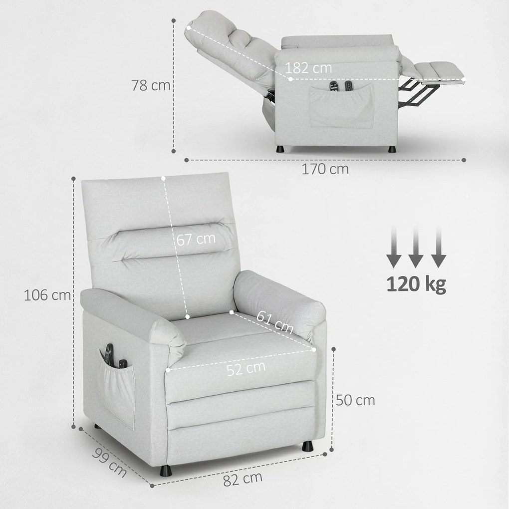 HOMCOM Fotoliu Relaxant Electric cu Masaj și Încălzire și Suport pentru Picioare, Silențios, Fotoliu Reclinabil 150° în Catifea Prietenoasă cu Animalele cu Funcție de Memorare, 2 Telecomenzi pentru Sufragerie, Gri Deschis | Aosom Romania