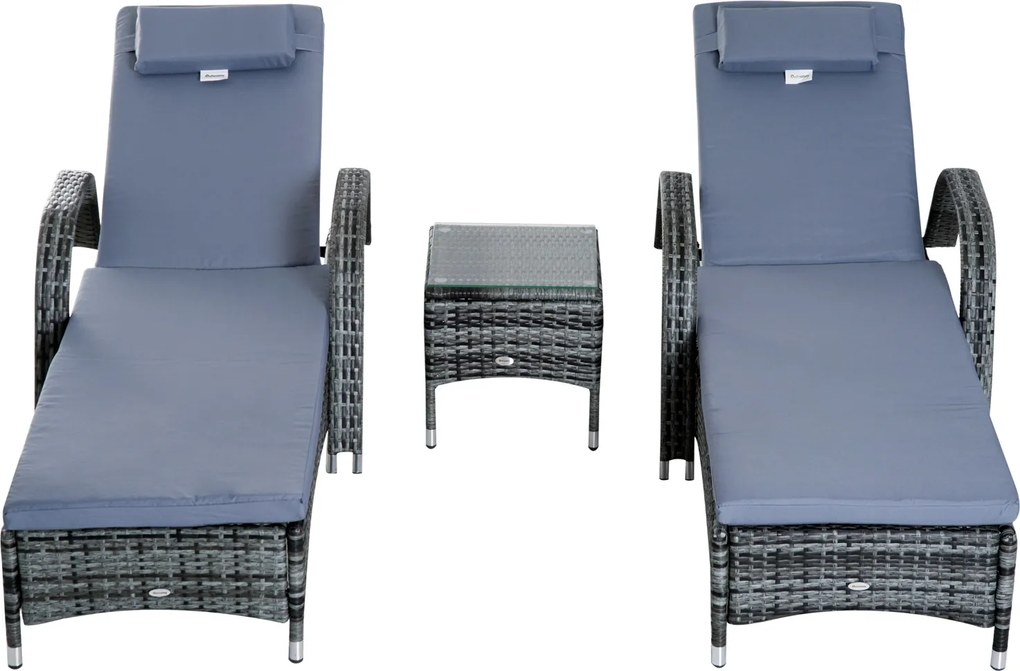 Outsunny Set 2 Sezlonguri si 1 Masuta de Gradina in Poli ratan Gri cu Saltea Captusita si Roti | Aosom Romania
