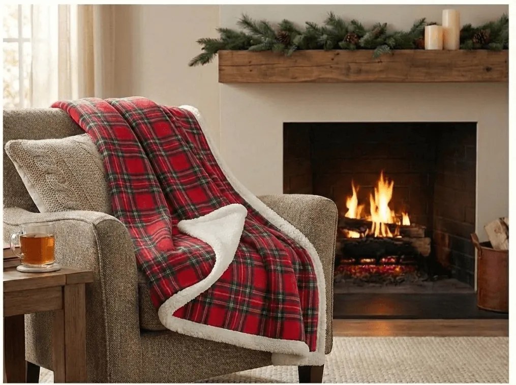 Patura din microplus imitatie de miel BUFFALO TARTAN rosie Dimensiune: 150 x 200 cm