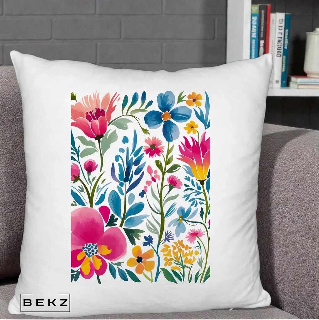 Perna Decorativa Gradina Florala Acuarela Colorata, 40x40 cm, Alb Pufos, Husa Detasabila, Perna Inclusa, BEKZ®