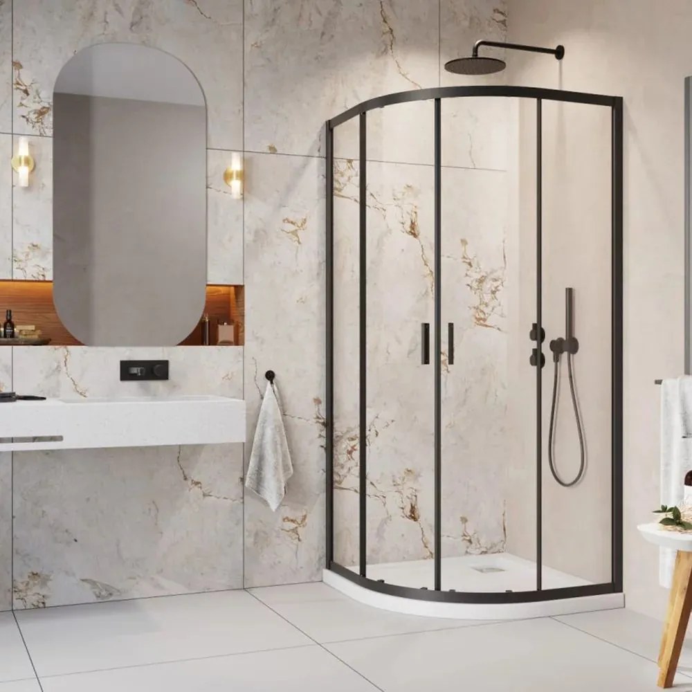 Pachet cabina de dus Alienta Black A 90x90 cm, cadita pentru dus Rodos A Compact alb si sifon cadita negru