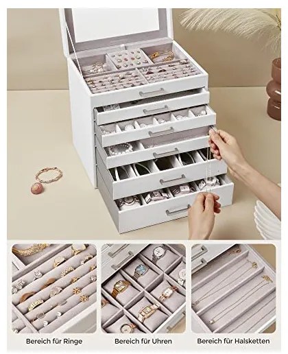 Cutie de bijuterii, Songmics, Alb, JBC138, 6 sertare