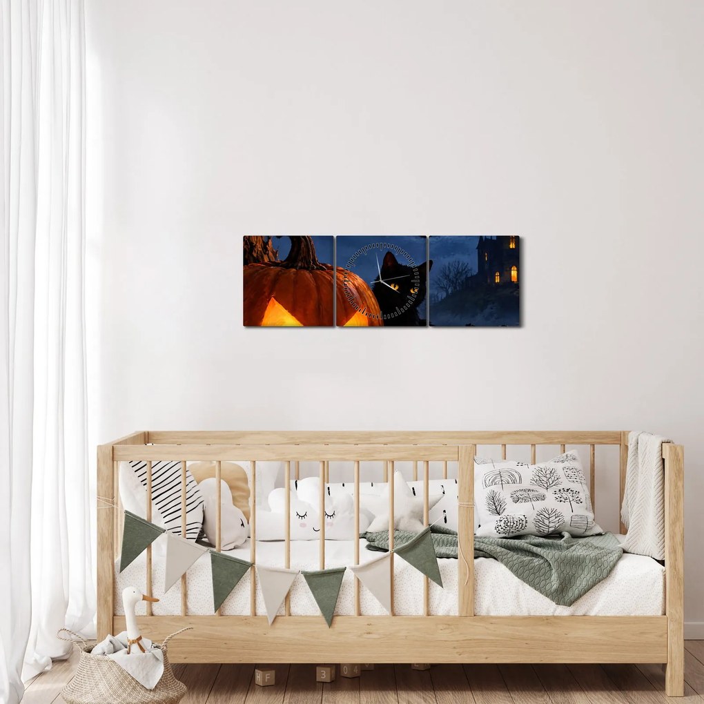 Tablou - Pisică neagră lângă un dovleac luminat de Halloween (cu ceas) (90x30 cm)
