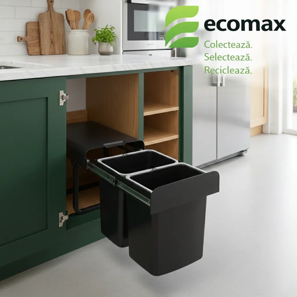 Cos gunoi incorporabil Ecomax Ekko Black Bio 40, cu extragere totala, colectare selectiva, negru, 2 x 16 l H:365 mm; L:355 mm; A:473 mm, Plastic 100%