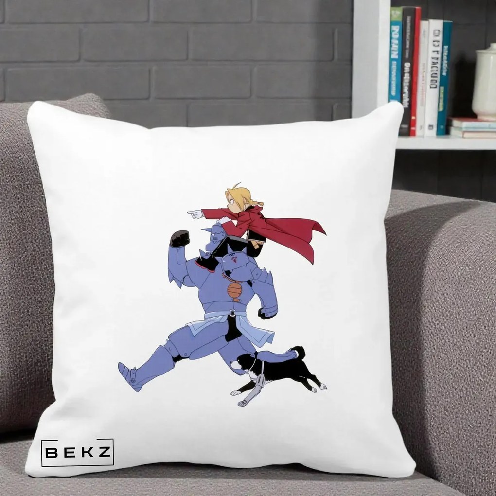 Perna Personalizata Fullmetal Alchemist Edward si Alphonse, 40x40 cm, Alba Mata, Husa Detasabila, Perna Inclusa, BEKZ®