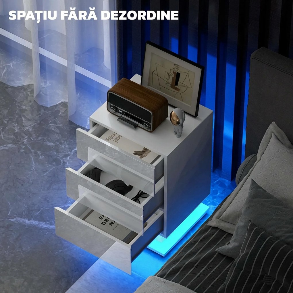 HOMCOM Noptieră cu Lumini LED Reglabile, 3 Sertare și Telecomandă, 40x35x60 cm, Alb | Aosom Romania