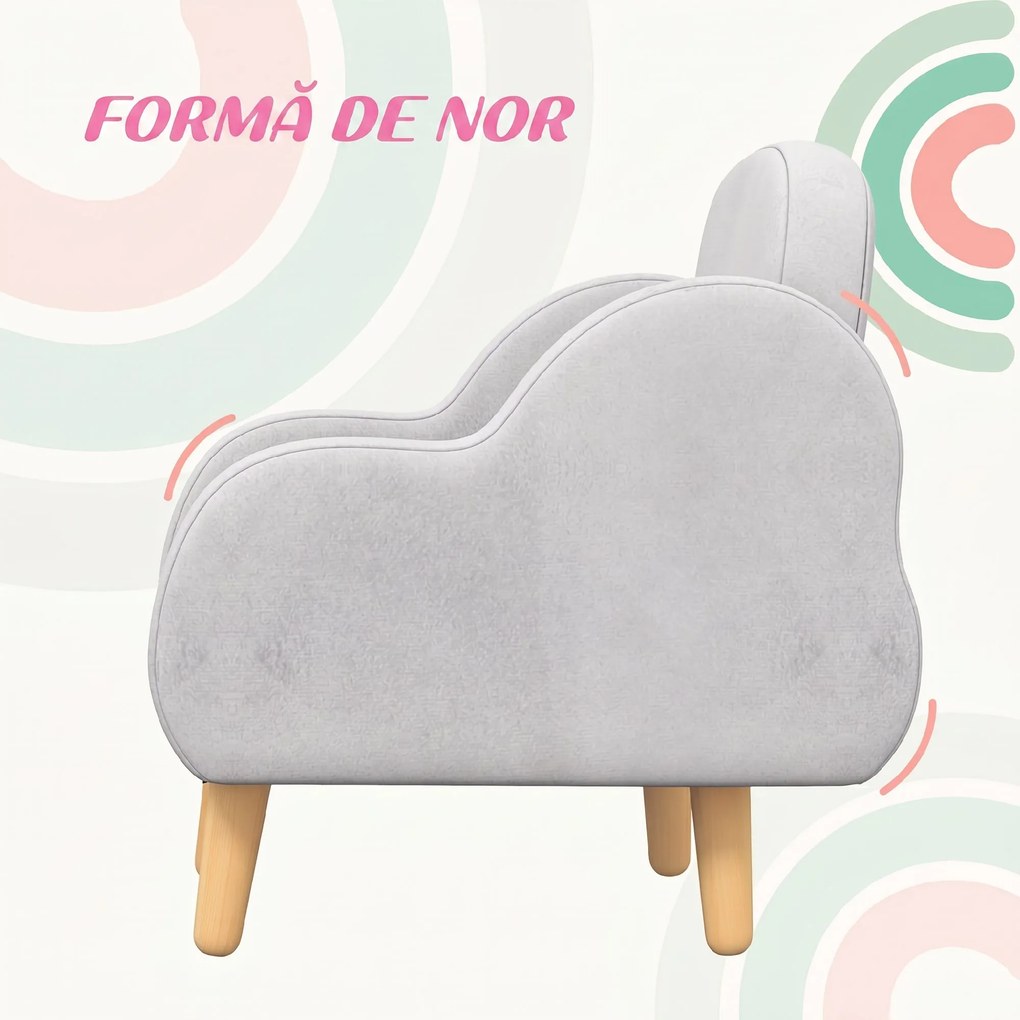 ZONEKIZ Fotoliu pentru Copii în Stil Scandinav cu Cotiere, Fotoliu din Material Textil pentru Copii până la 3 ani, 46x51x55 cm, Gri | Aosom Romania