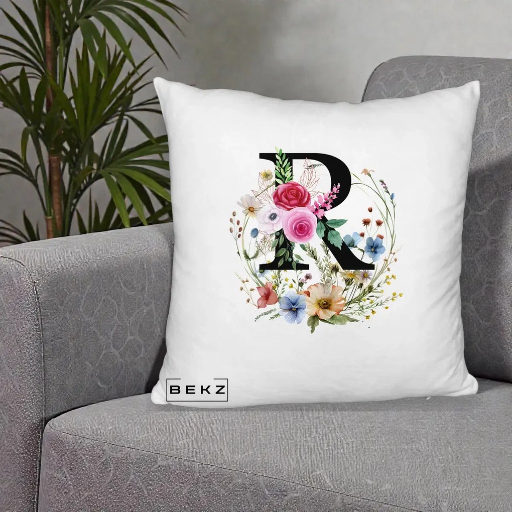 Cadou Personalizat - Perna Personalizata Monogram Litera R cu Flori Acuarela, 40x40 cm, Alb Pufos, Husa Detasabila, Perna Inclusa, BEKZ®