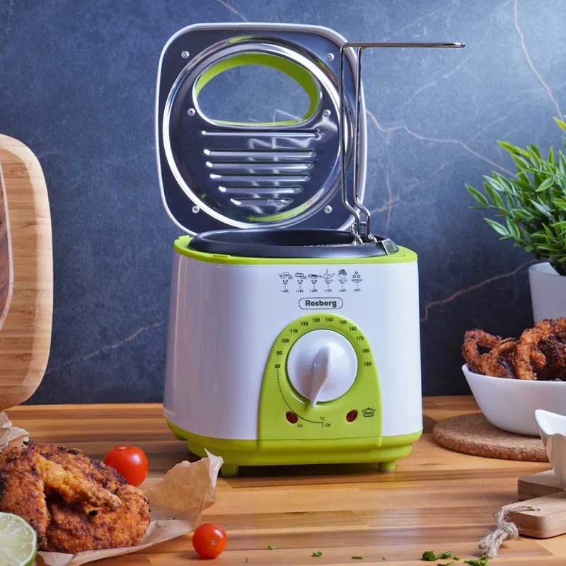 La mâna a doua: Friteuza mini Rosberg , 950W, 1 litru, Termostat, Strat antiaderent, Alb / Verde