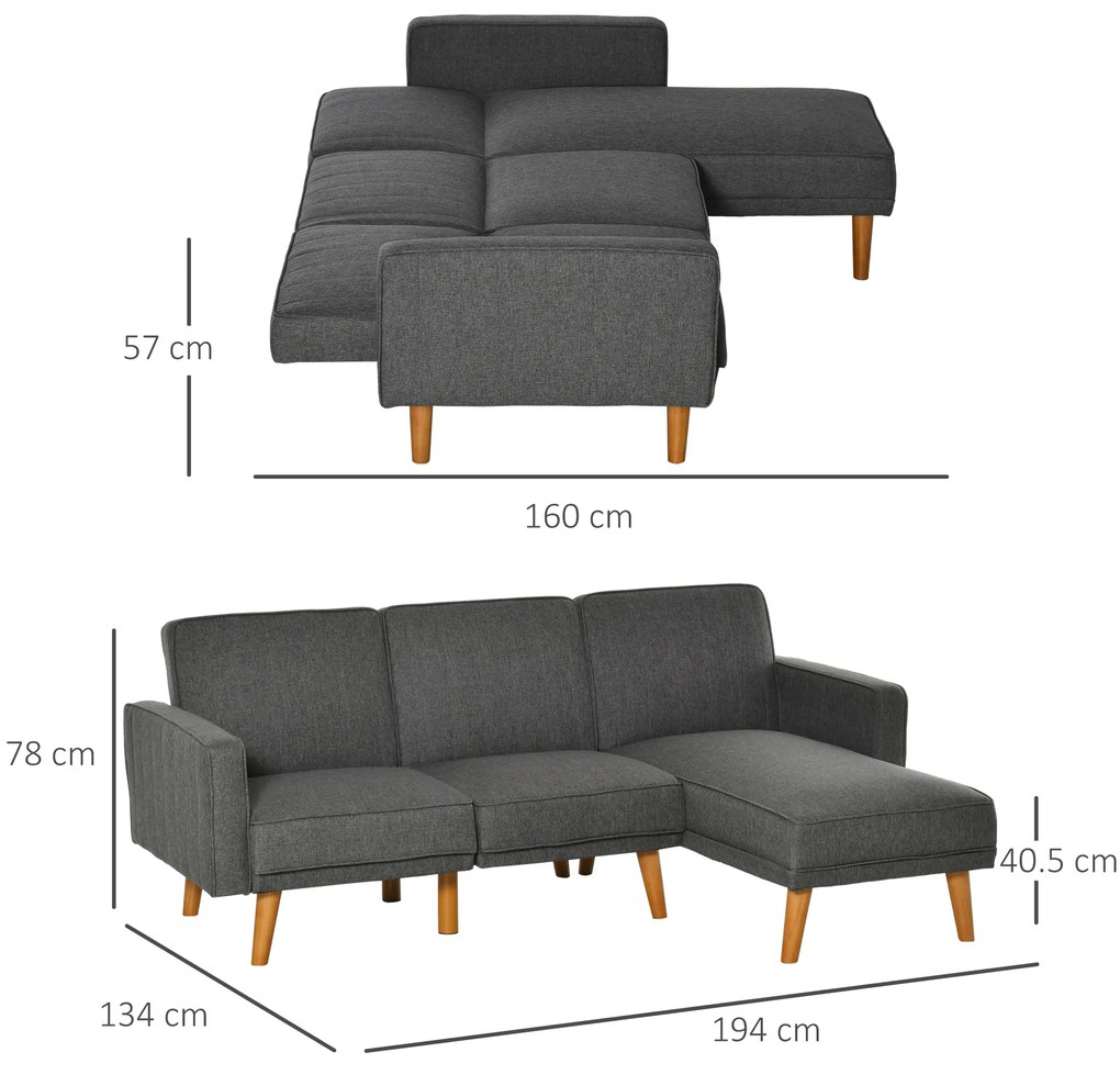 HOMCOM Canapea Extensibila din Tesatura Gri, Canapea Coltar cu 3 Locuri cu Scaun Reversibil si Spatar Reglabil
