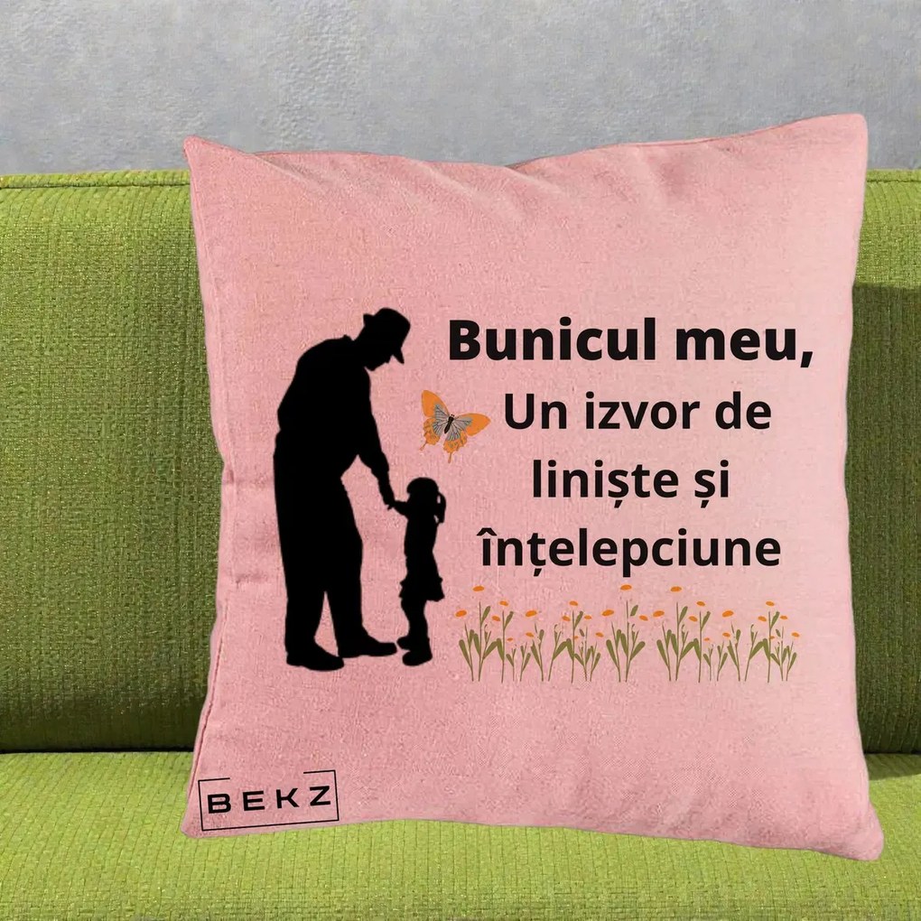 Cadou pentru Bunic - Perna Personalizata Bunicul Meu Izvor de Liniste cu Fluture si Fetita, 40x40 cm, Roz, Husa Detasabila, Perna Inclusa, BEKZ®