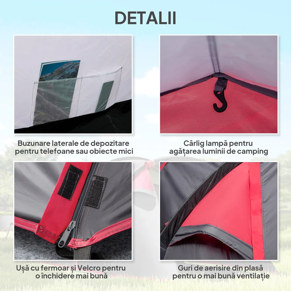 Outsunny Cort pentru Camping 2 Locuri cu Vestibul Mare, Cort Impermeabil Usi cu Fermoar, 426x206x154cm Gri | Aosom Romania