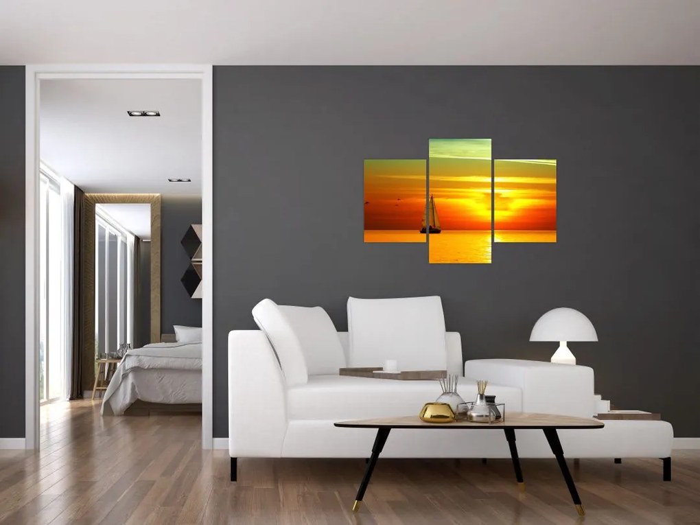 Tablou cu apus de soare și iaht (90x60 cm)