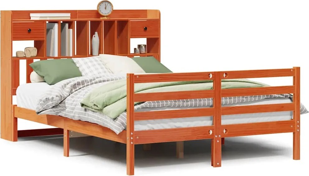 vidaXL Pat cu bibliotecă fără saltea maro 140x200 cm lemn masiv de pin