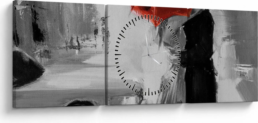 Tablou - Cuplu în dragoste sub o umbrelă, roșu (cu ceas) (90x30 cm)