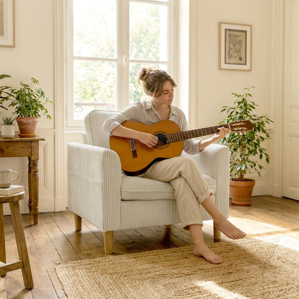 HOMCOM Fotoliu de living din catifea côtelată, fotoliu 1 loc tapițat cu șezut lat și pernă cu arcuri, 83x74x87cm, bej | Aosom Romania