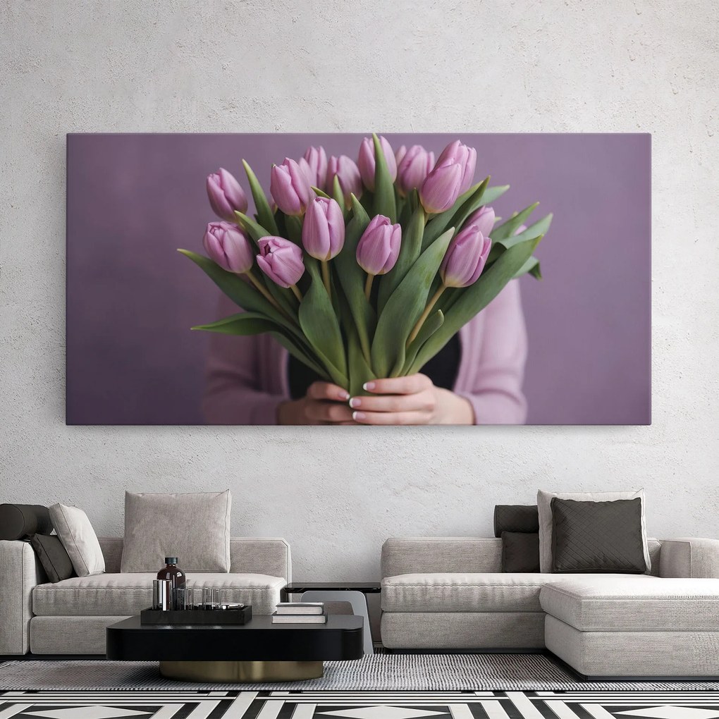 Tablou Canvas, 50x100cm, Dormitor si Living, Flori, Lalele, Holding Pink Tulips