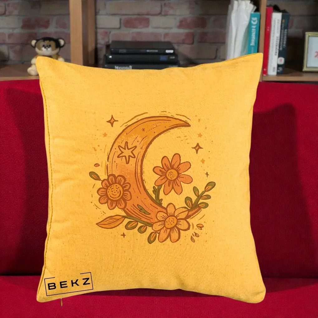 Perna Decorativa Luna Florala Boho, 40x40 cm, Galben, Husa Detasabila, Perna Inclusa, BEKZ®