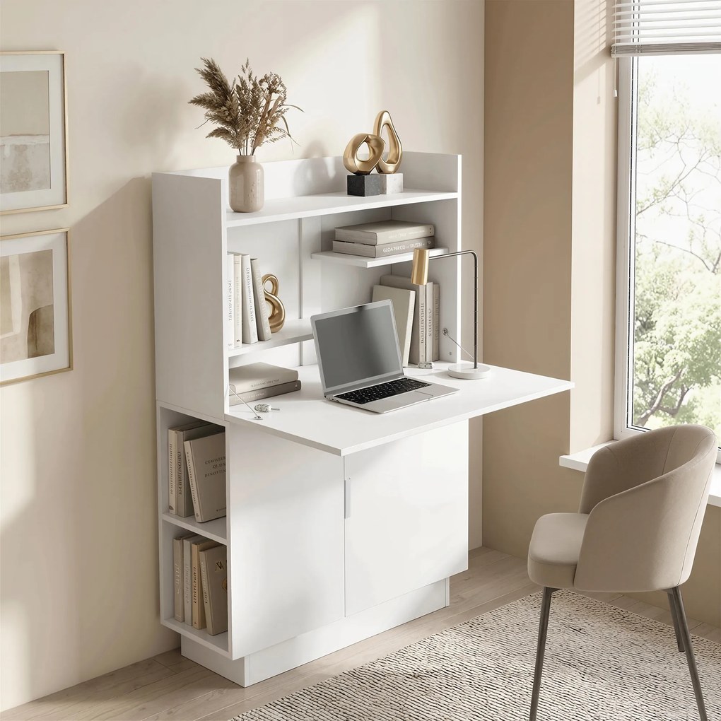 HOMCOM Birou pliant pentru calculator, birou pentru calculator cu blat rabatabil, rafturi și dulap, 80x30x128cm, alb | Aosom Romania