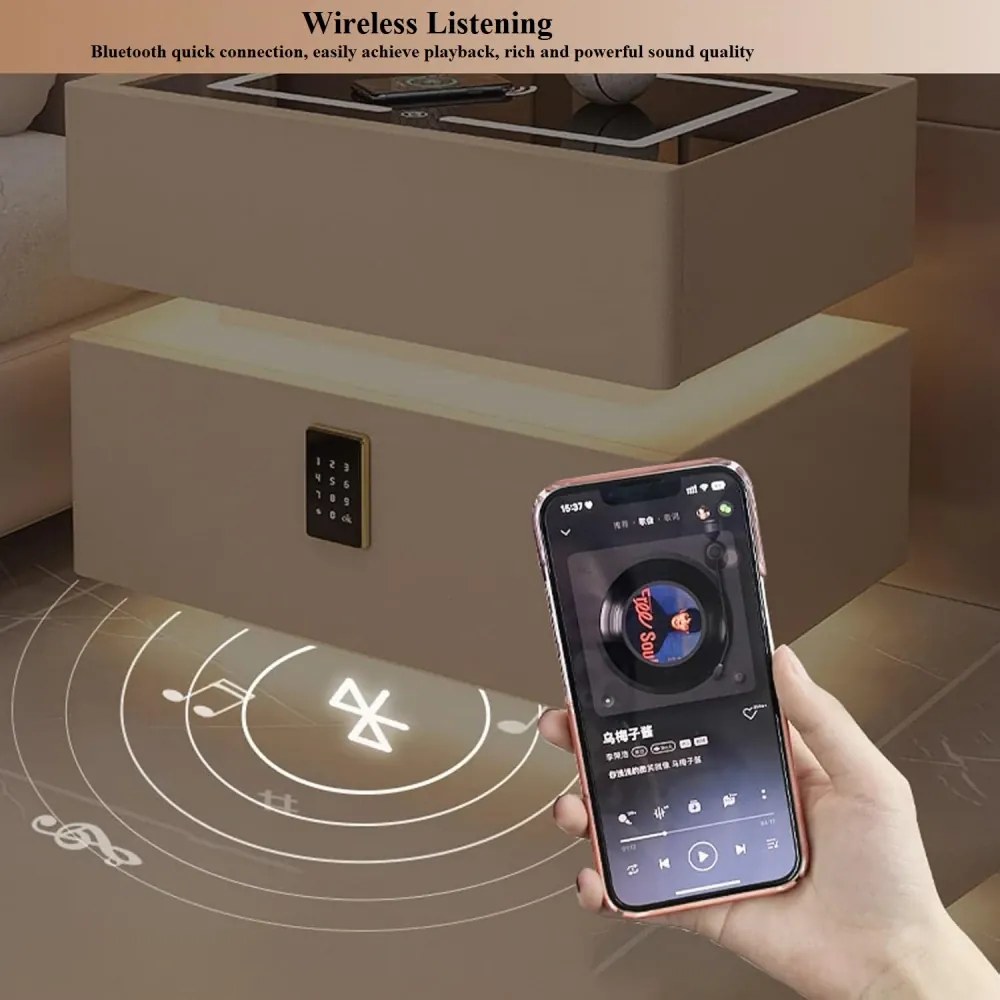 Noptieră inteligentă multifuncțională, sertar tip seif cu blocare cu parolă, încărcare Wireless, iluminare LED touch în 3 culori, Gri