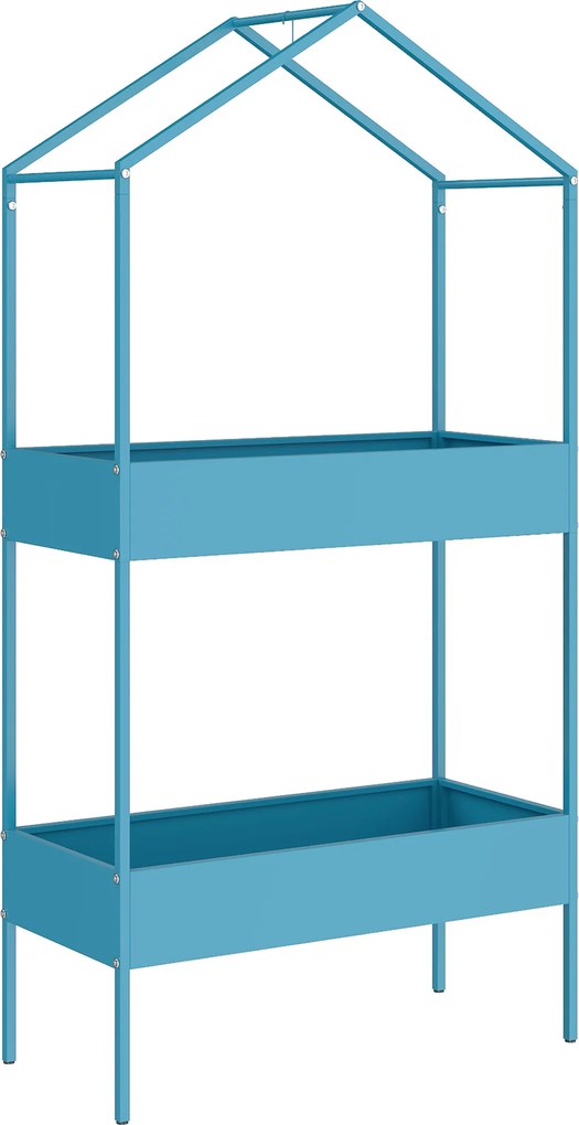 Outsunny Suport Ghivece pe 2 Niveluri din Metal în Formă de Casă, Raft pentru Plante cu Cârlig pentru Interior și Exterior, 75x35x150 cm, Verde Albastru | Aosom Romania