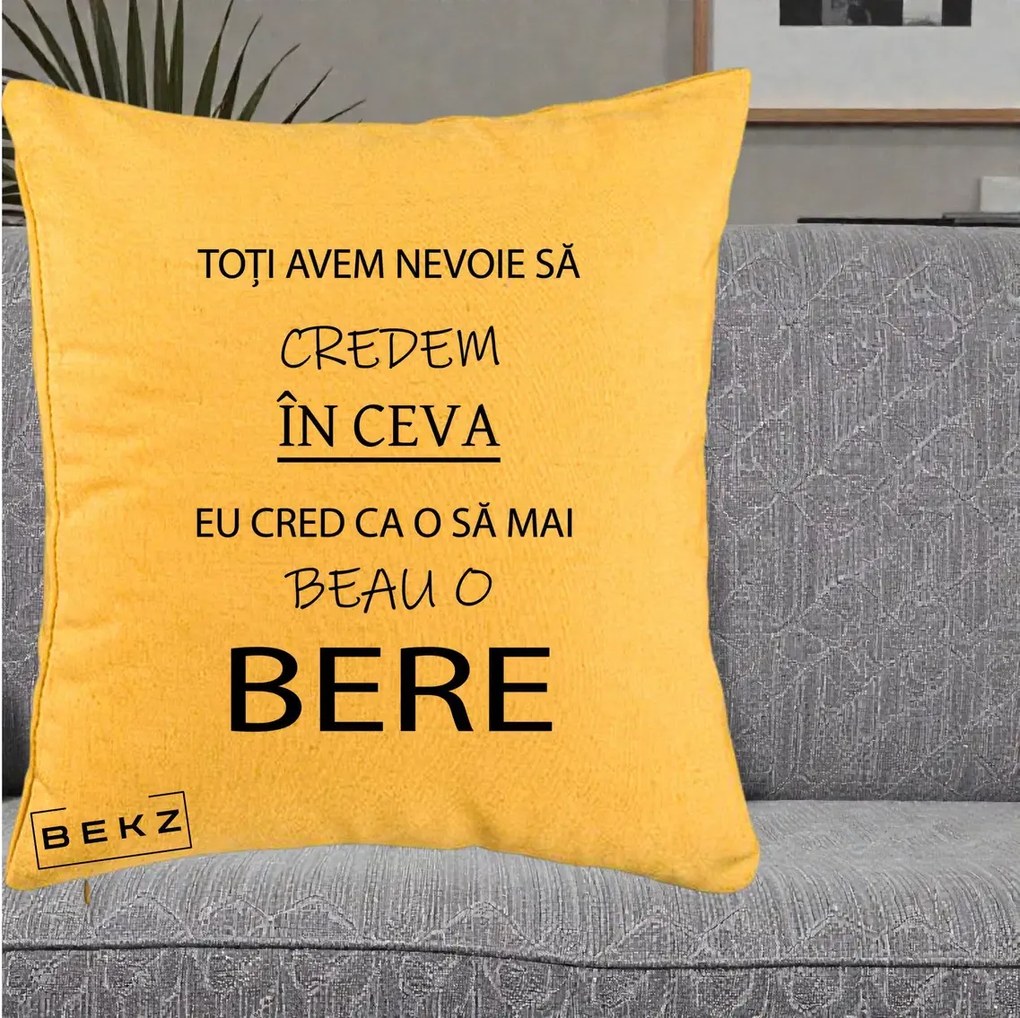 Perna Decorativa Eu Cred ca mai Beau o Bere, 40x40 cm, Galben, Husa Detasabila, Perna Inclusa, BEKZ®