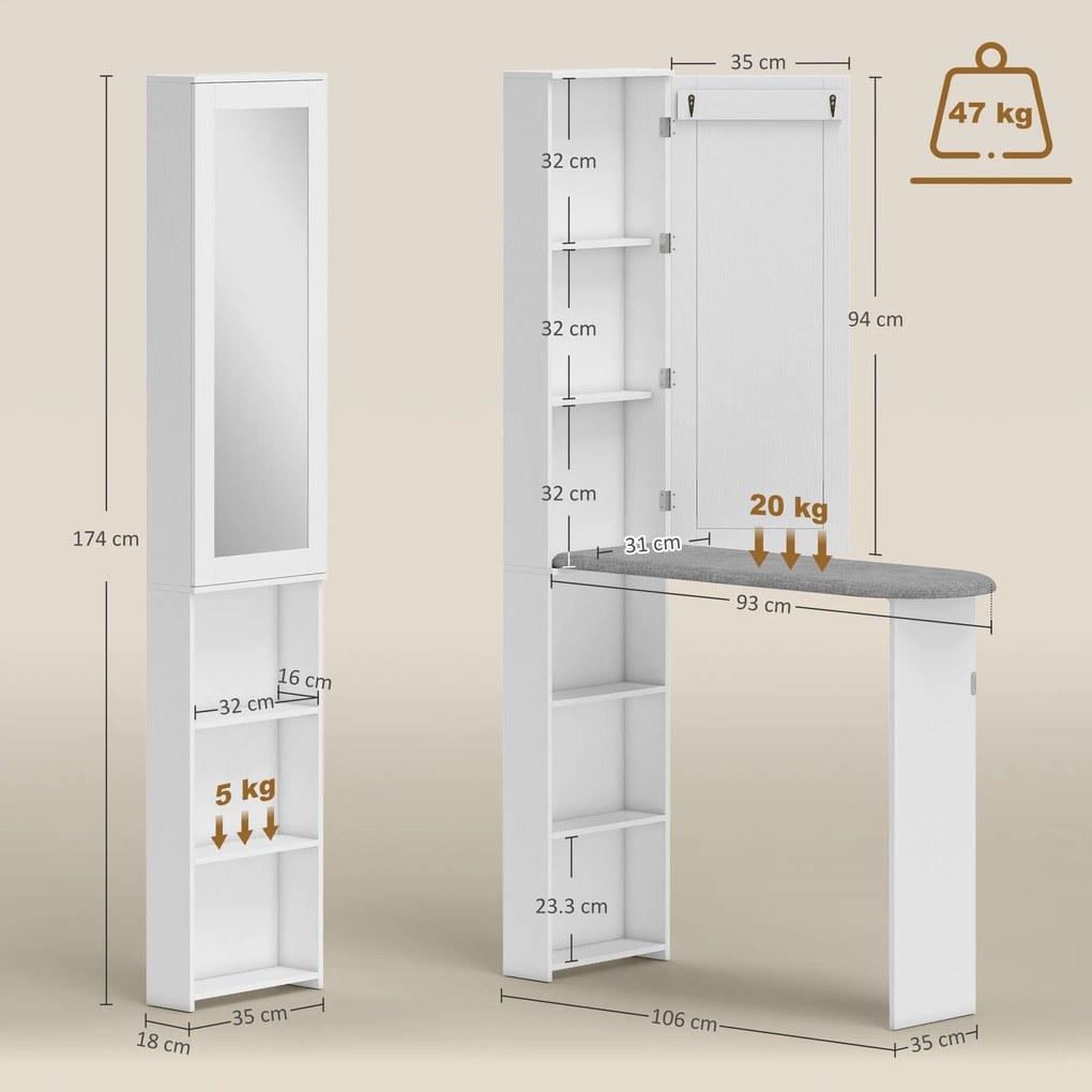 HOMCOM Dulap pliabil pentru masă de călcat cu ușă rafturi interne oglindă Economisitor de spațiu Masă de călcat pentru îngrijirea rufelor 106x35x174 cm Alb | Aosom Romania