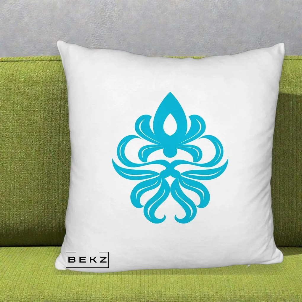 Perna Decorativa Ornament Turcoaz Fleur de Lis, 40x40 cm, Alb Pufos, Husa Detasabila, Perna Inclusa, BEKZ®