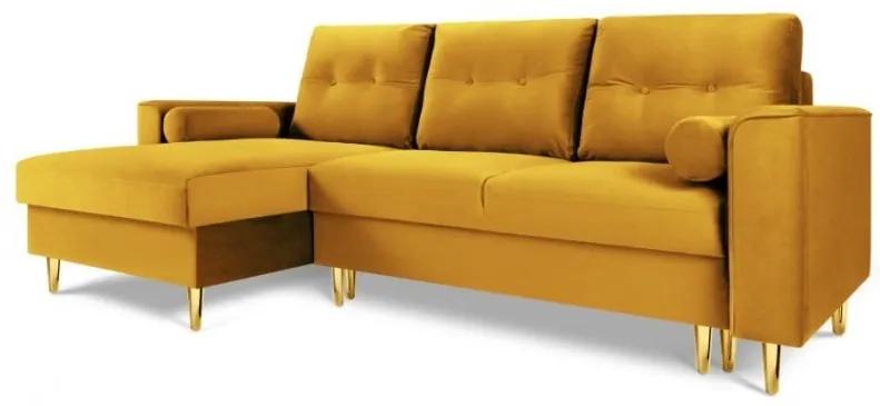 Coltar extensibil 4 locuri Leona, colt pe partea stanga cu tapiterie din catifea si picioare din metal auriu, galben