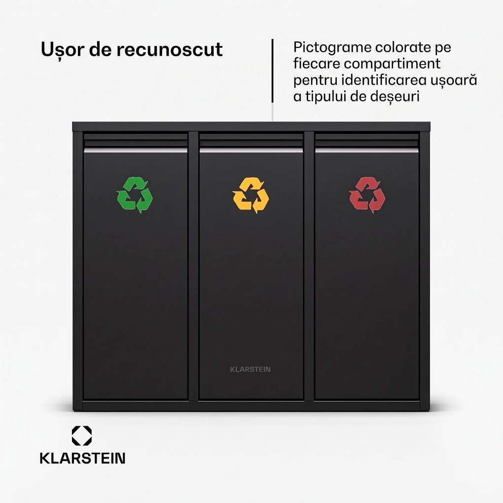 Klarstein Ordnungshüter 3 coșuri de gunoi 45 litri 3 recipiente reciclare montaj pe perete