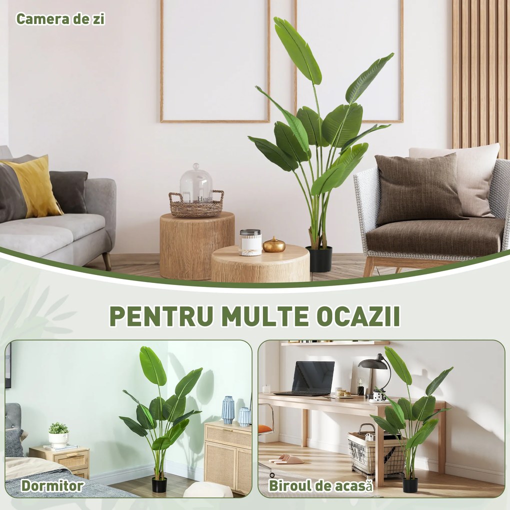 HOMCOM Plantă Artificială de 160 cm cu 10 Frunze din PEVA Verde cu Ghiveci, Ø16.5x13.5 cm | Aosom Romania