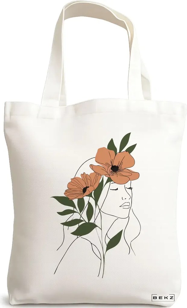 Sacosa de Panza pentru Cumparaturi, Geanta Tote, Flower Lady 18, 38x34.5 cm, Alba, BEKZ®