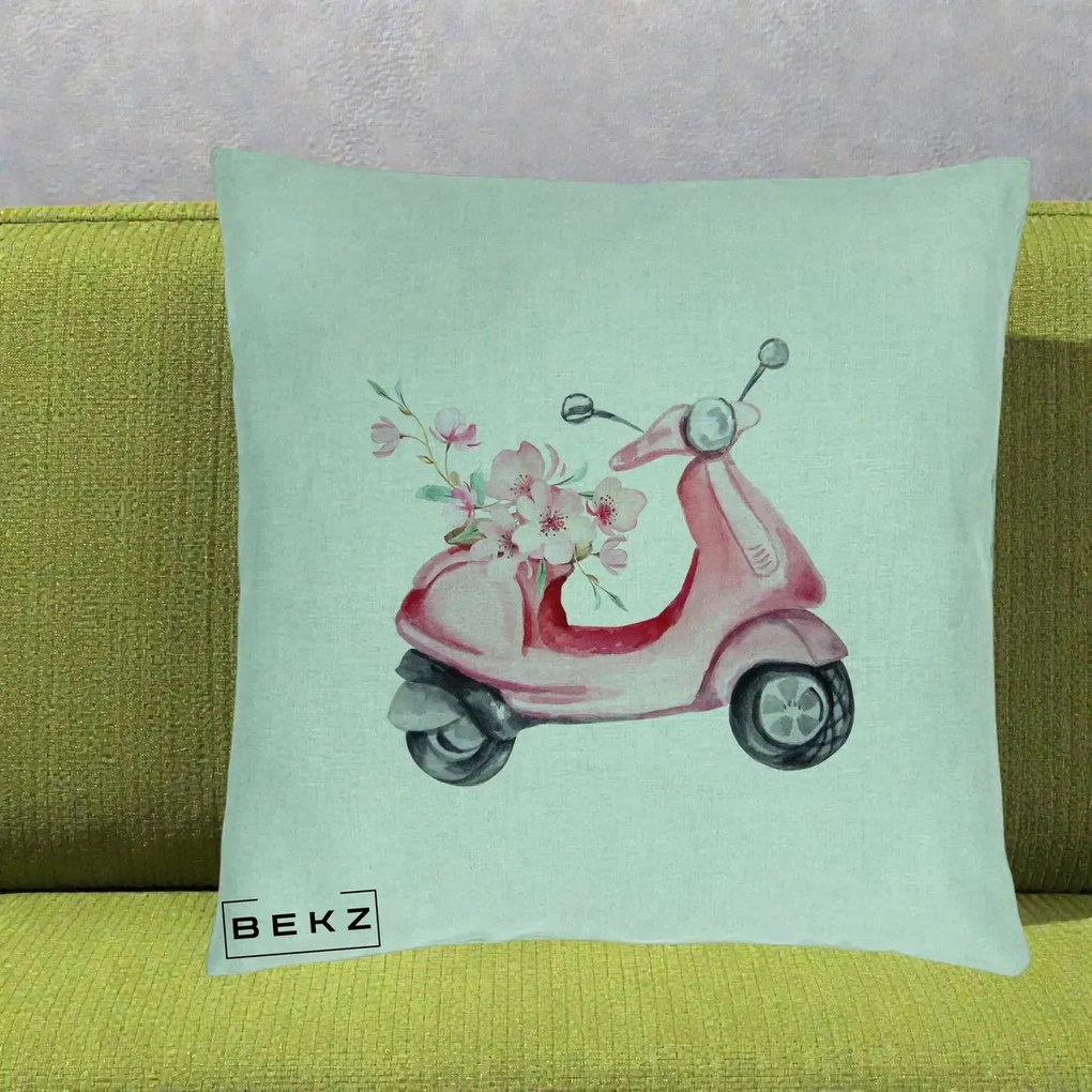 Perna Decorativa Scuter Roz cu Flori Acuarela, 40x40 cm, Verde Menta, Husa Detasabila, Perna Inclusa, BEKZ®