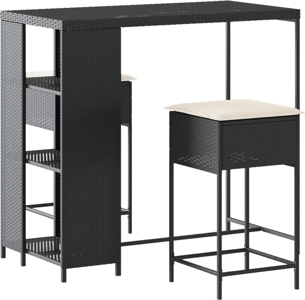 vidaXL Set mobilier bar de grădină cu perne, 3 piese, negru, poliratan