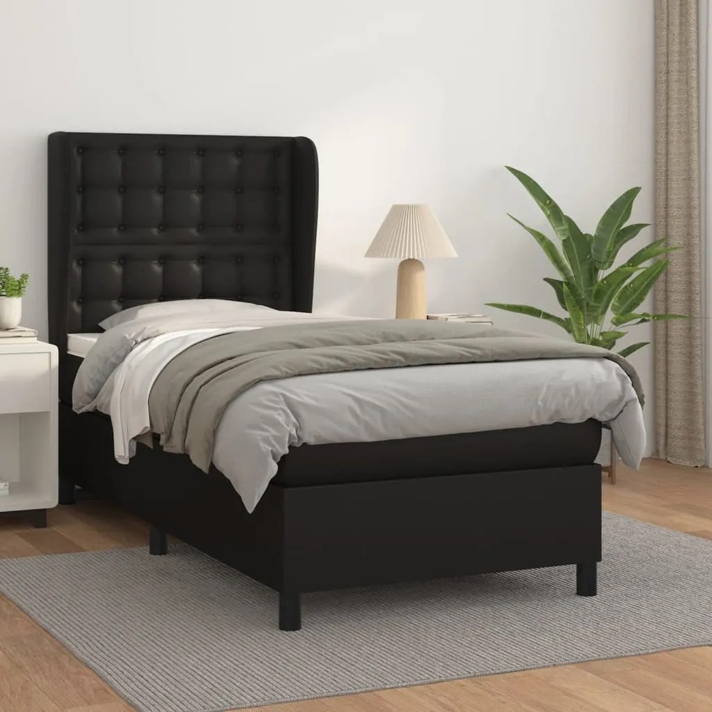 3129009 vidaXL Pat box spring cu saltea, negru, 90x200 cm, piele ecologică