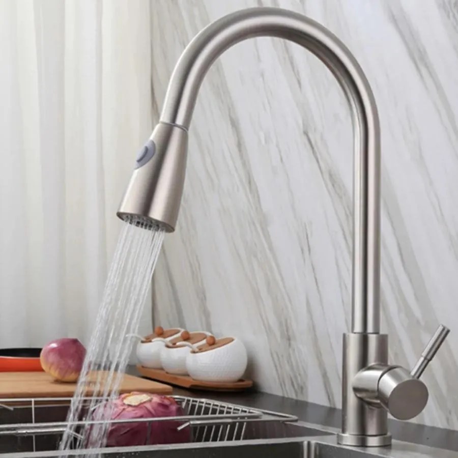 Baterie Bucătărie cu Duș Extractibil, Inox Satinat, Model CF017 – Design Elegant și Practic pentru Confortul Bucătăriei
