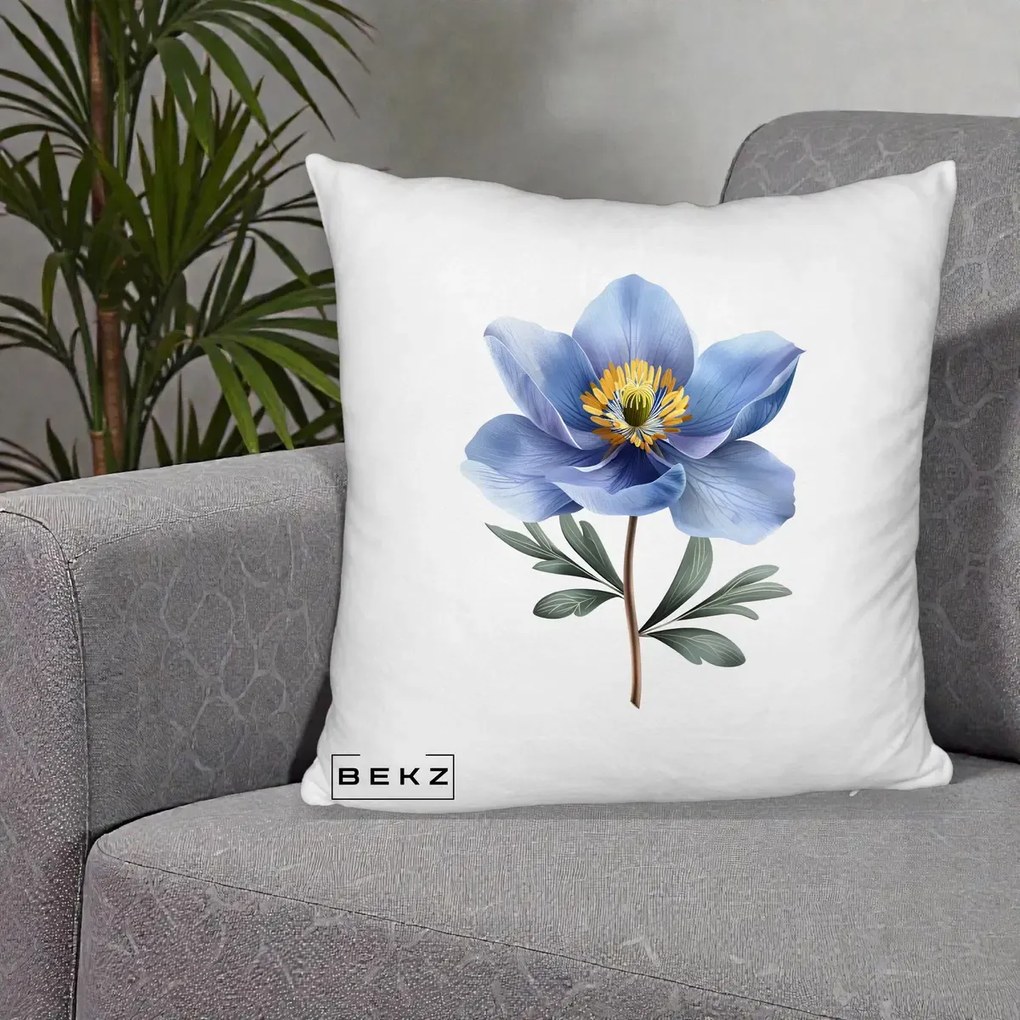 Perna Decorativa Anemona Albastra Botanica, 40x40 cm, Alb Pufos, Husa Detasabila, Perna Inclusa, BEKZ®